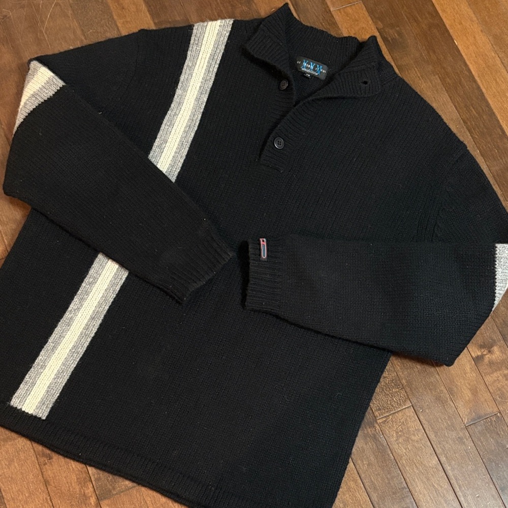 100% Shetland Wool Black Cream Crewneck Cardigan 1/4 Button Up Sweater Size XL